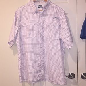 White with blue and orange plaid fishing shirt